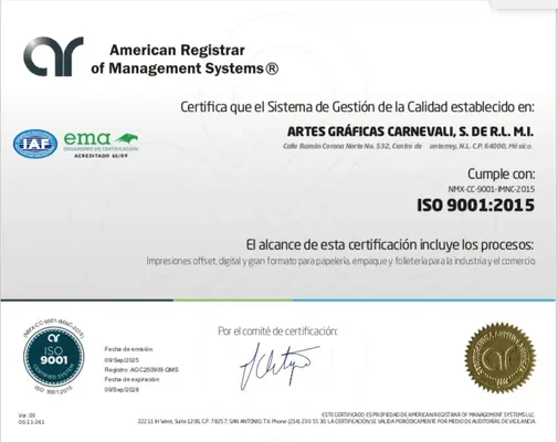 Imagen del certificado de calidad de Carnevali